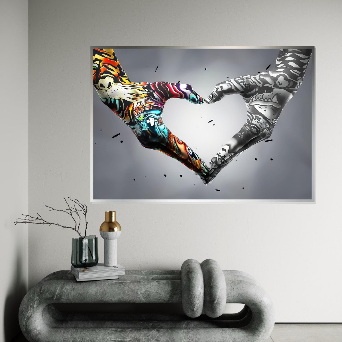 Heart Hands Graffiti, Colorful  Monochrome Art, Wall Art Canvas Design, Artistic Hand Decor, Ready To Hang Inspiration, Abstract Love