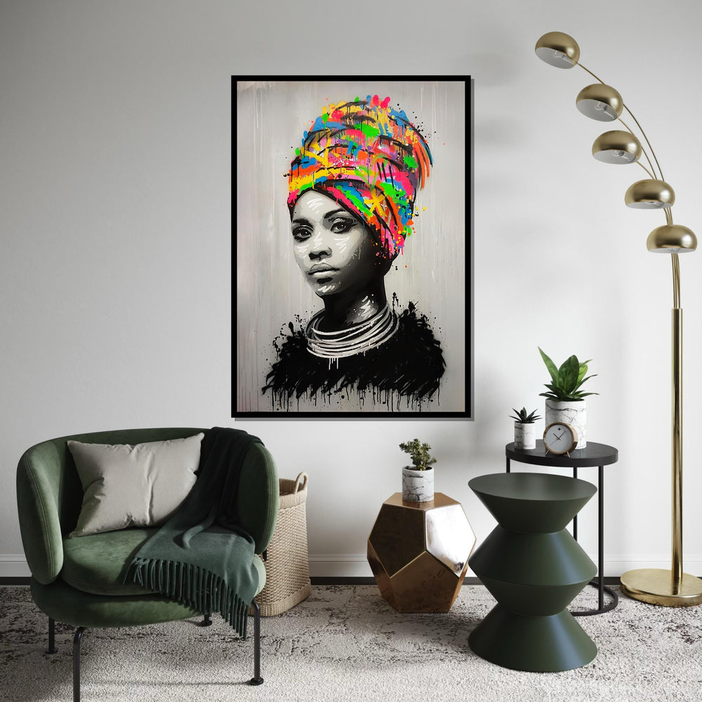 Vibrant Headdress Portrait, Afro Canvas, Ethnic Woman Art Modern Art, Wall Art Canvas Design, Ready To Hang Decoration