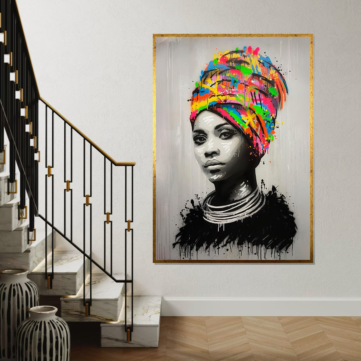 Vibrant Headdress Portrait, Multicolor Headwrap Canvas, Modern Art, Wall Art Canvas Design, Ready To Hang Decoration