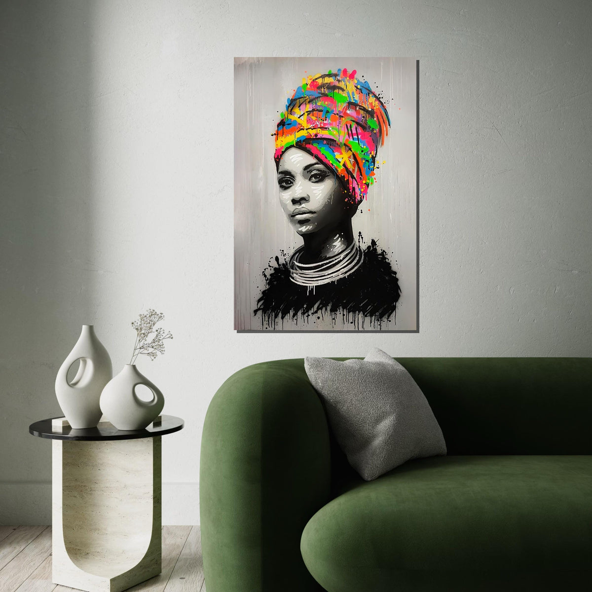 Vibrant Headdress Portrait, Multicolor Headwrap Canvas, Modern Art, Wall Art Canvas Design, Ready To Hang Decoration