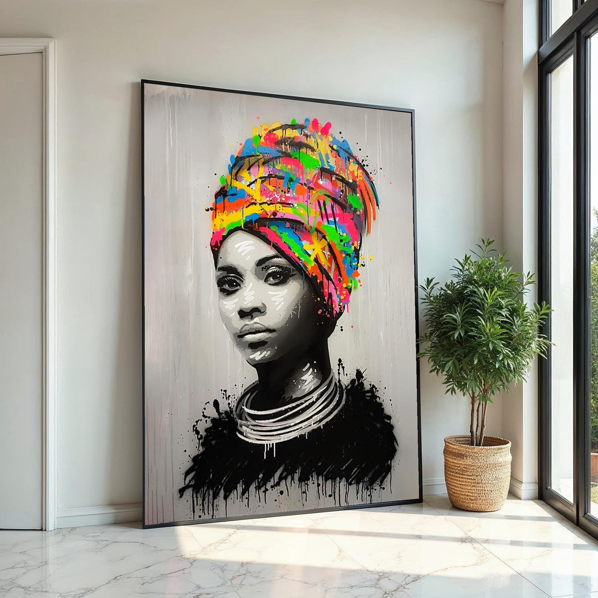 Vibrant Headdress Portrait, Multicolor Headwrap Canvas, Modern Art, Wall Art Canvas Design, Ready To Hang Decoration