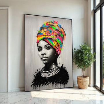 Vibrant Headdress Portrait, Multicolor Headwrap Canvas, Modern Art, Wall Art Canvas Design, Ready To Hang Decoration