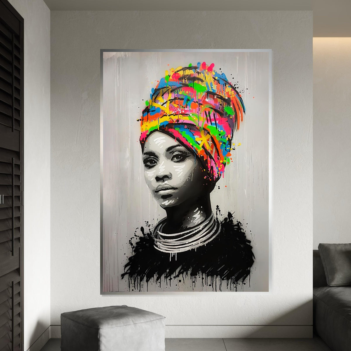 Vibrant Headdress Portrait, Multicolor Headwrap Canvas, Modern Art, Wall Art Canvas Design, Ready To Hang Decoration
