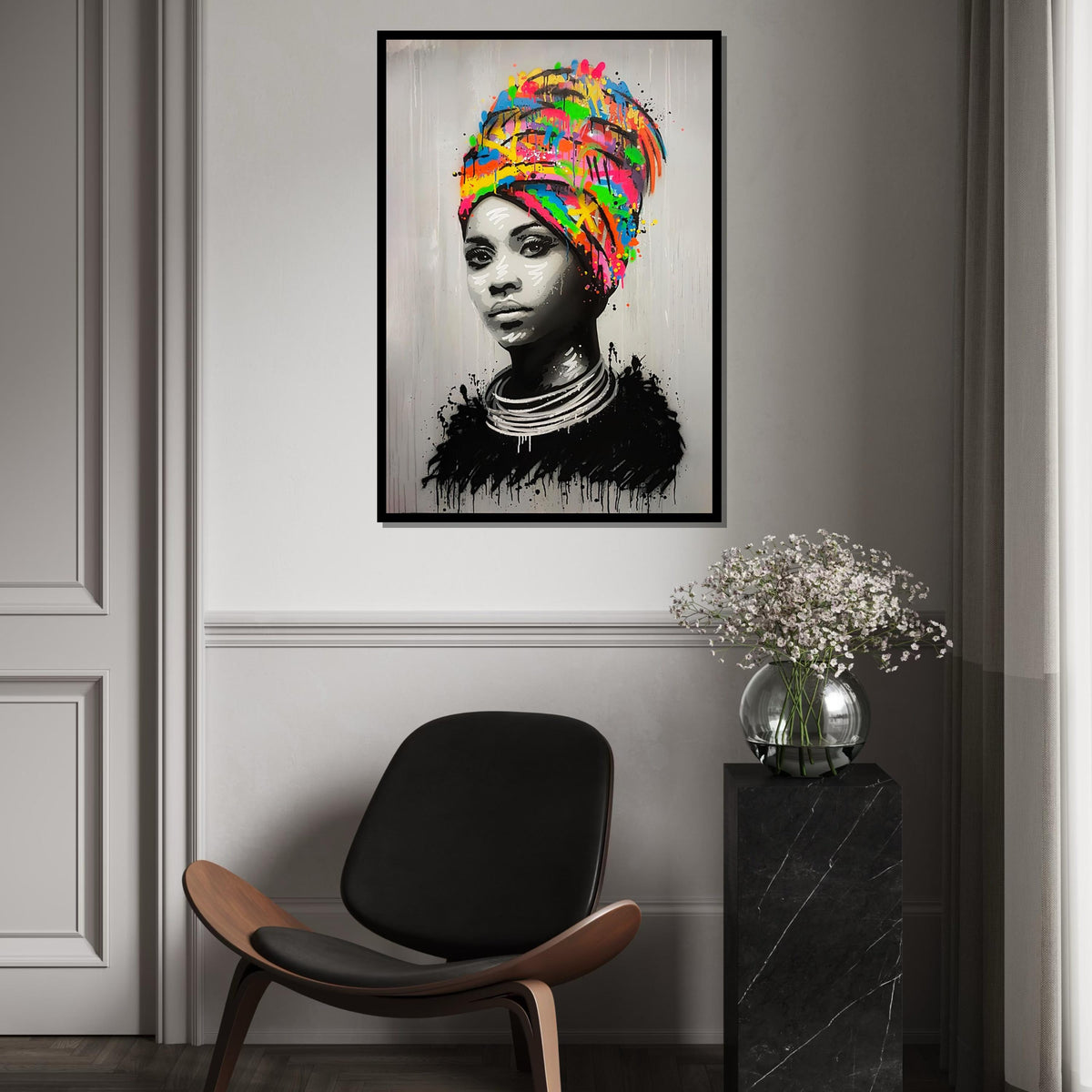 Vibrant Headdress Portrait, Multicolor Headwrap Canvas, Modern Art, Wall Art Canvas Design, Ready To Hang Decoration