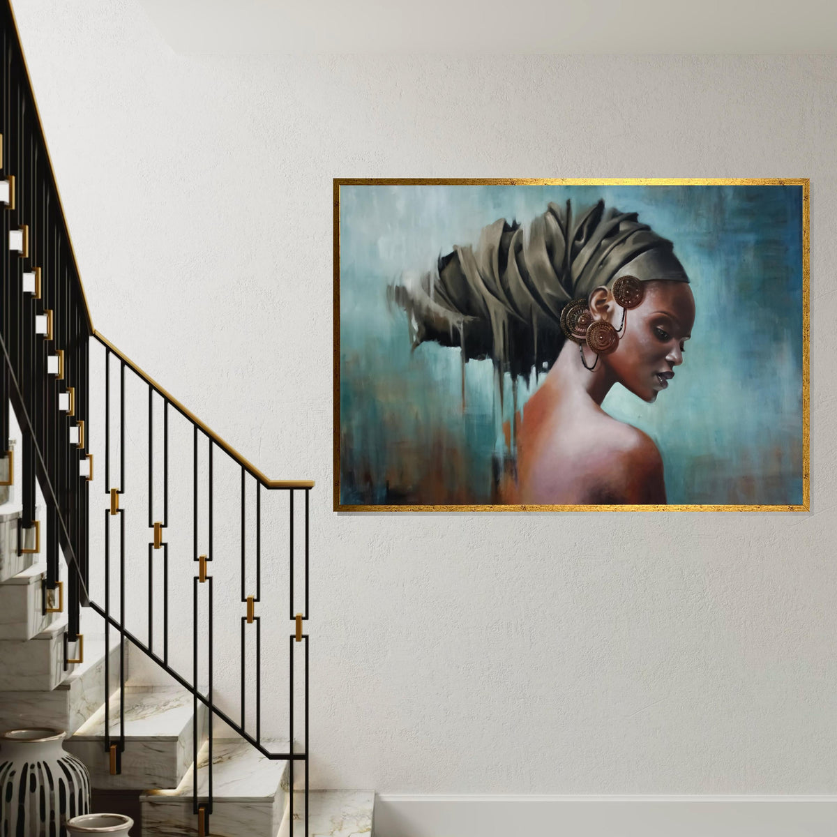 Elegant Woman in Turban, Portrait Art Canvas, Afrocentric Wall Art, Cultural Beauty Print, Wall Art Canvas Design, Ready to Hang