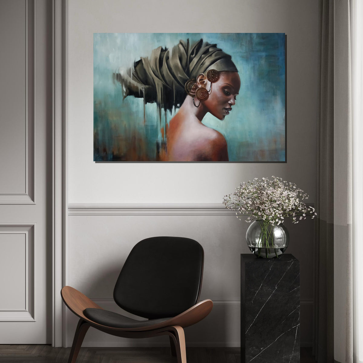 Elegant Woman in Turban, Portrait Art Canvas, Afrocentric Wall Art, Cultural Beauty Print, Wall Art Canvas Design, Ready to Hang
