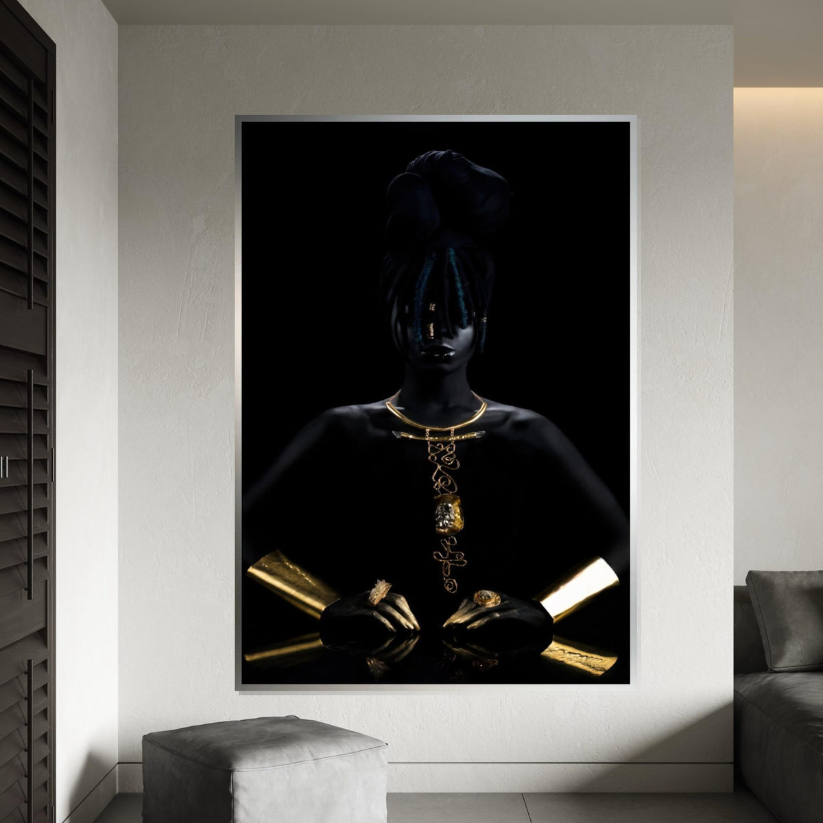 Elegant Afro Woman Canvas, Gold Jewelry Art, Portrait Wall Art, Fashion Canvas Design, Modern Décor, Ready to Hang Decoration