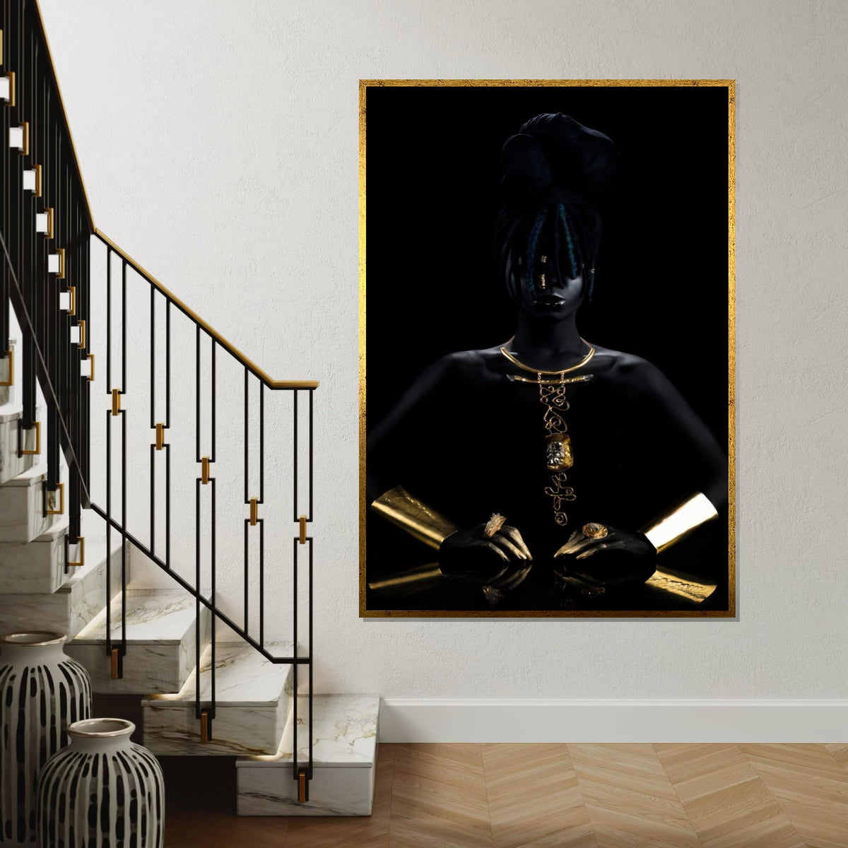 Elegant Afro Woman Canvas, Gold Jewelry Art, Portrait Wall Art, Fashion Canvas Design, Modern Décor, Ready to Hang Decoration