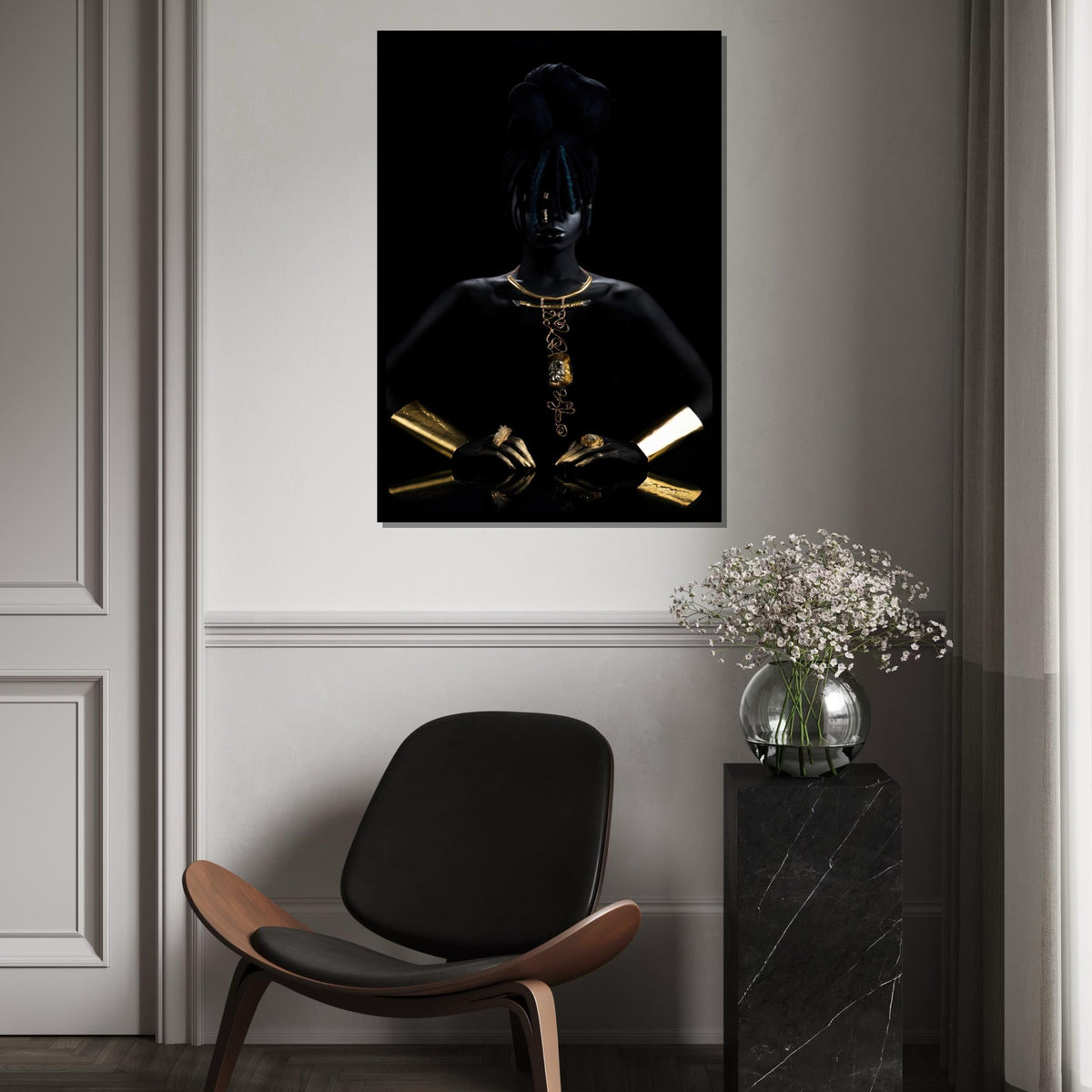 Elegant Afro Woman Canvas, Gold Jewelry Art, Portrait Wall Art, Fashion Canvas Design, Modern Décor, Ready to Hang Decoration