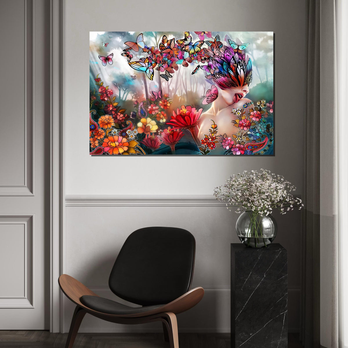 Butterfly Dreams Canvas, Surreal Art, Colorful Butterfly and Flowers, Wall Art Canvas Design, Ready To Hang, Unique Home Decor, Nature Art