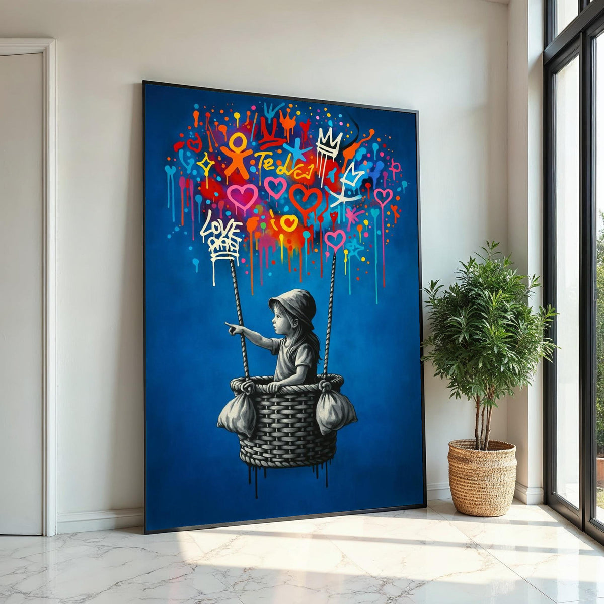 New Style,Colorful Graffiti Balloon Art,Girl in Basket Street Art Canvas, Urban Wall Art, Love and Hope Graffiti Print, Ready To Hang Canvas