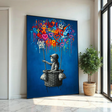New Style,Colorful Graffiti Balloon Art,Girl in Basket Street Art Canvas, Urban Wall Art, Love and Hope Graffiti Print, Ready To Hang Canvas