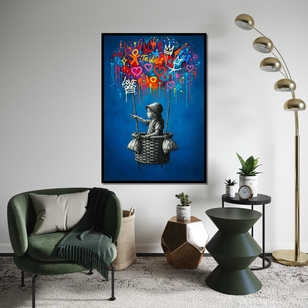 New Style,Colorful Graffiti Balloon Art,Girl in Basket Street Art Canvas, Urban Wall Art, Love and Hope Graffiti Print, Ready To Hang Canvas