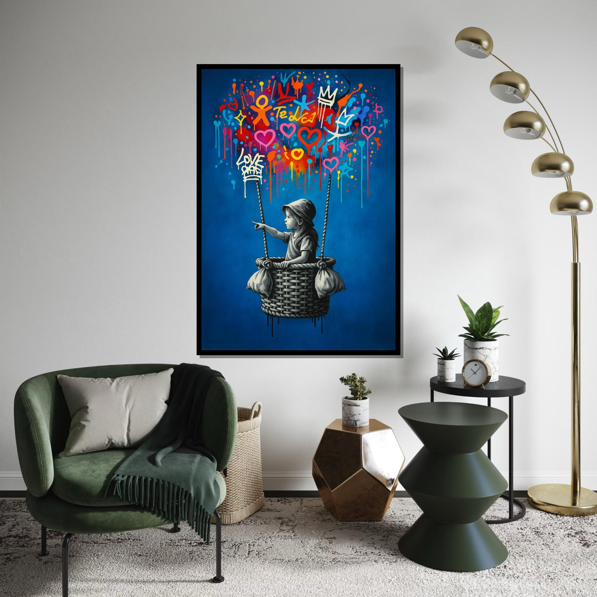 New Style,Colorful Graffiti Balloon Art,Girl in Basket Street Art Canvas, Urban Wall Art, Love and Hope Graffiti Print, Ready To Hang Canvas