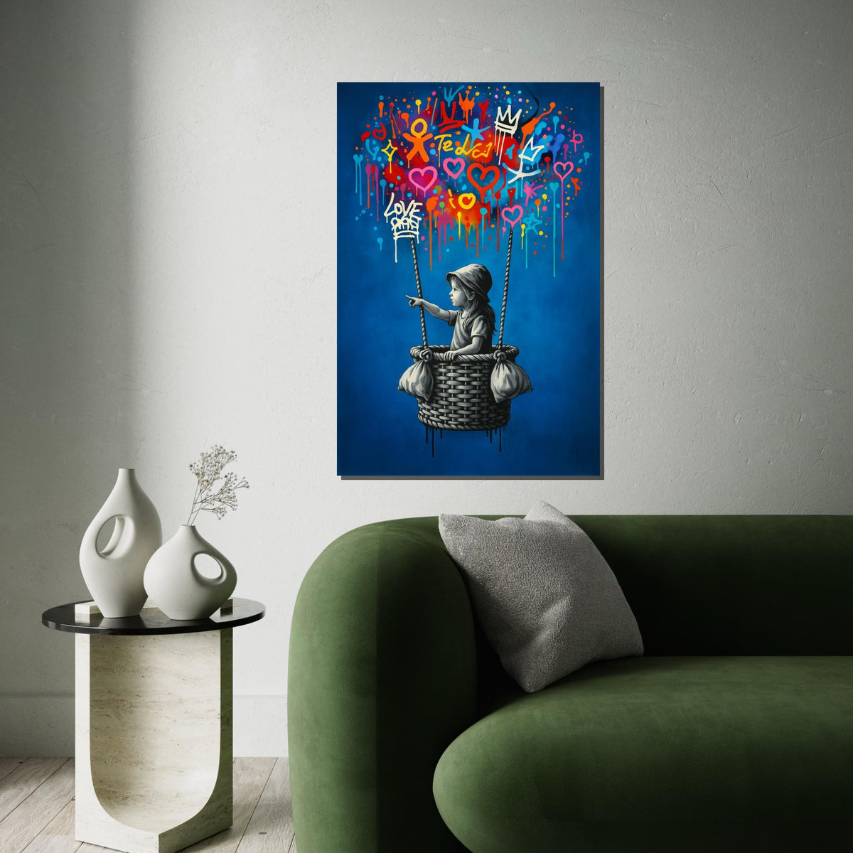 New Style,Colorful Graffiti Balloon Art,Girl in Basket Street Art Canvas, Urban Wall Art, Love and Hope Graffiti Print, Ready To Hang Canvas