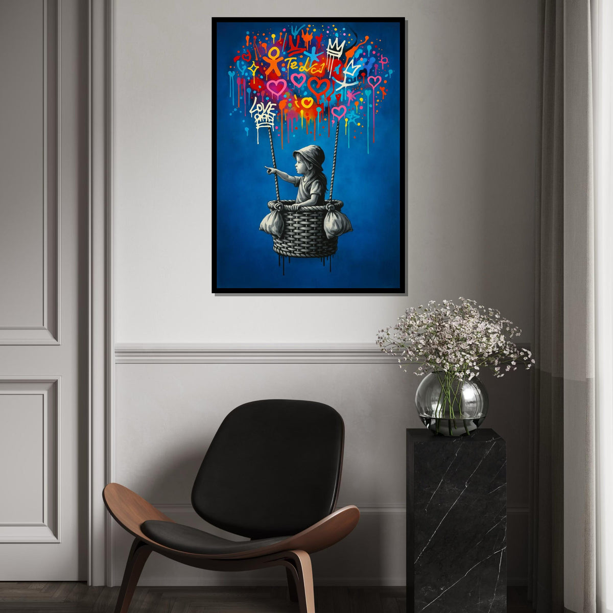 New Style,Colorful Graffiti Balloon Art,Girl in Basket Street Art Canvas, Urban Wall Art, Love and Hope Graffiti Print, Ready To Hang Canvas