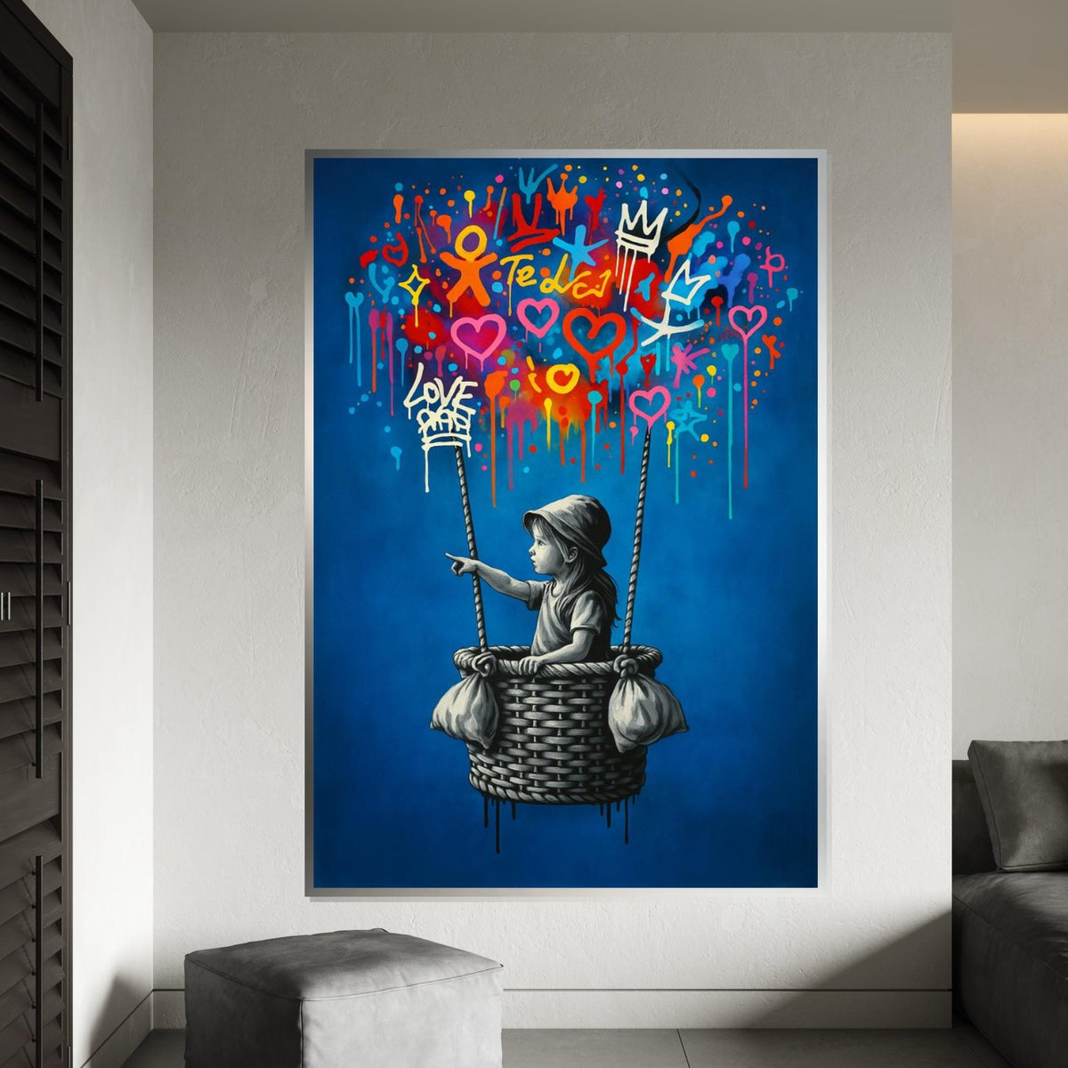 New Style,Colorful Graffiti Balloon Art,Girl in Basket Street Art Canvas, Urban Wall Art, Love and Hope Graffiti Print, Ready To Hang Canvas