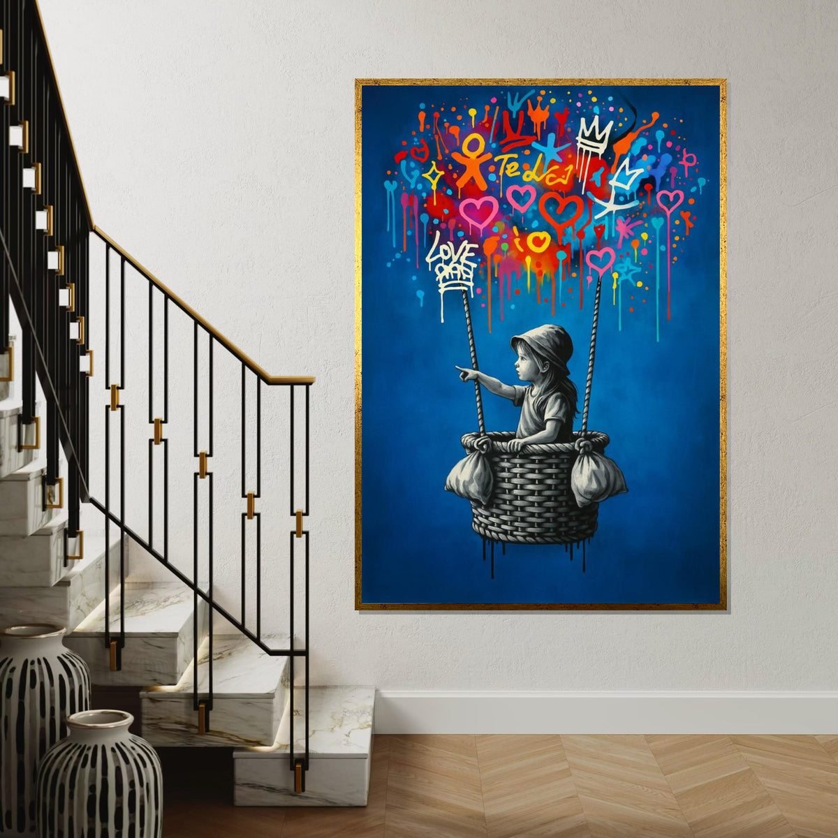 New Style,Colorful Graffiti Balloon Art,Girl in Basket Street Art Canvas, Urban Wall Art, Love and Hope Graffiti Print, Ready To Hang Canvas