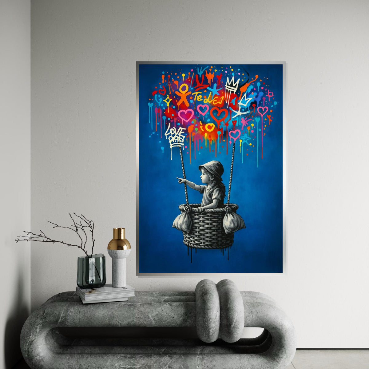 New Style,Colorful Graffiti Balloon Art,Girl in Basket Street Art Canvas, Urban Wall Art, Love and Hope Graffiti Print, Ready To Hang Canvas