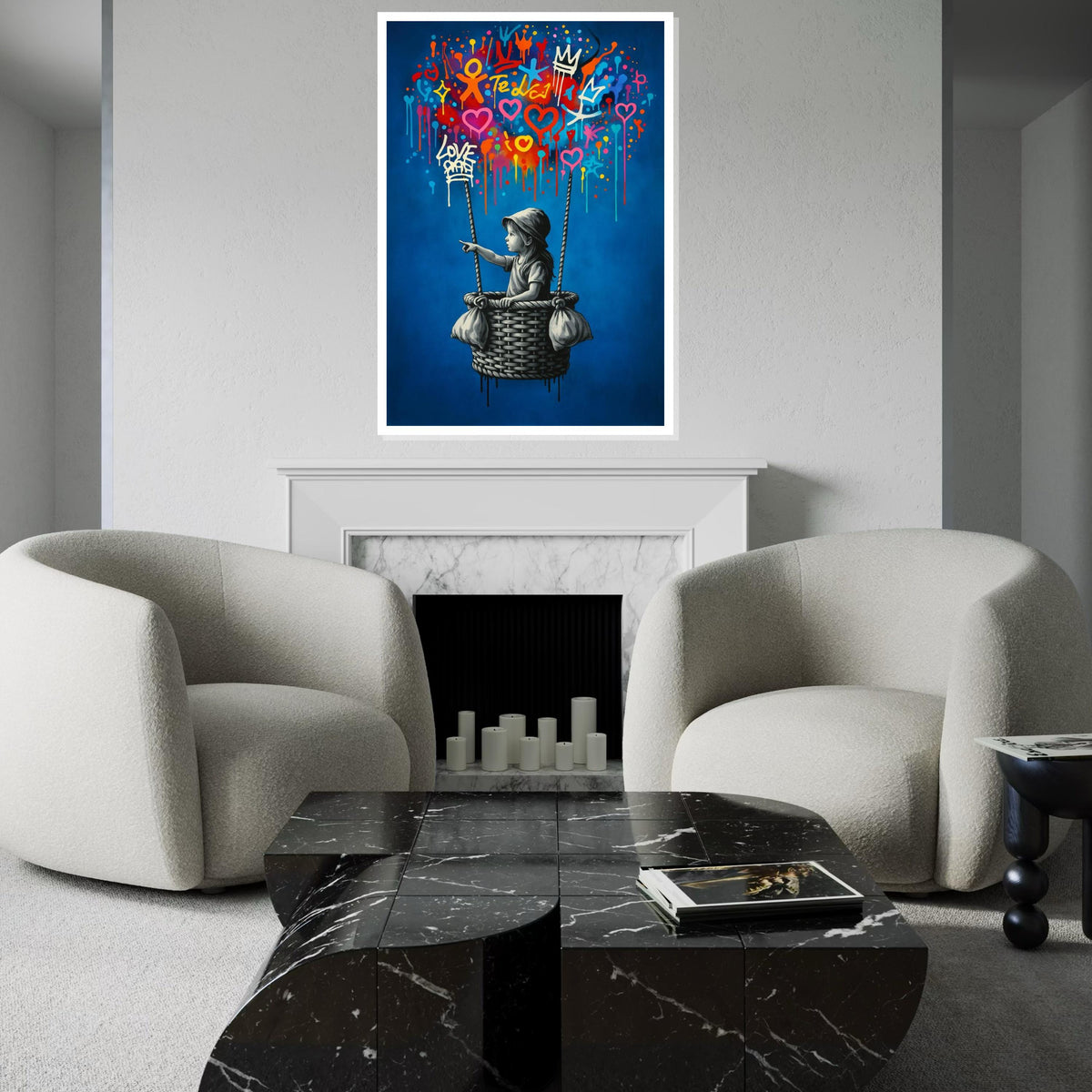 New Style,Colorful Graffiti Balloon Art,Girl in Basket Street Art Canvas, Urban Wall Art, Love and Hope Graffiti Print, Ready To Hang Canvas