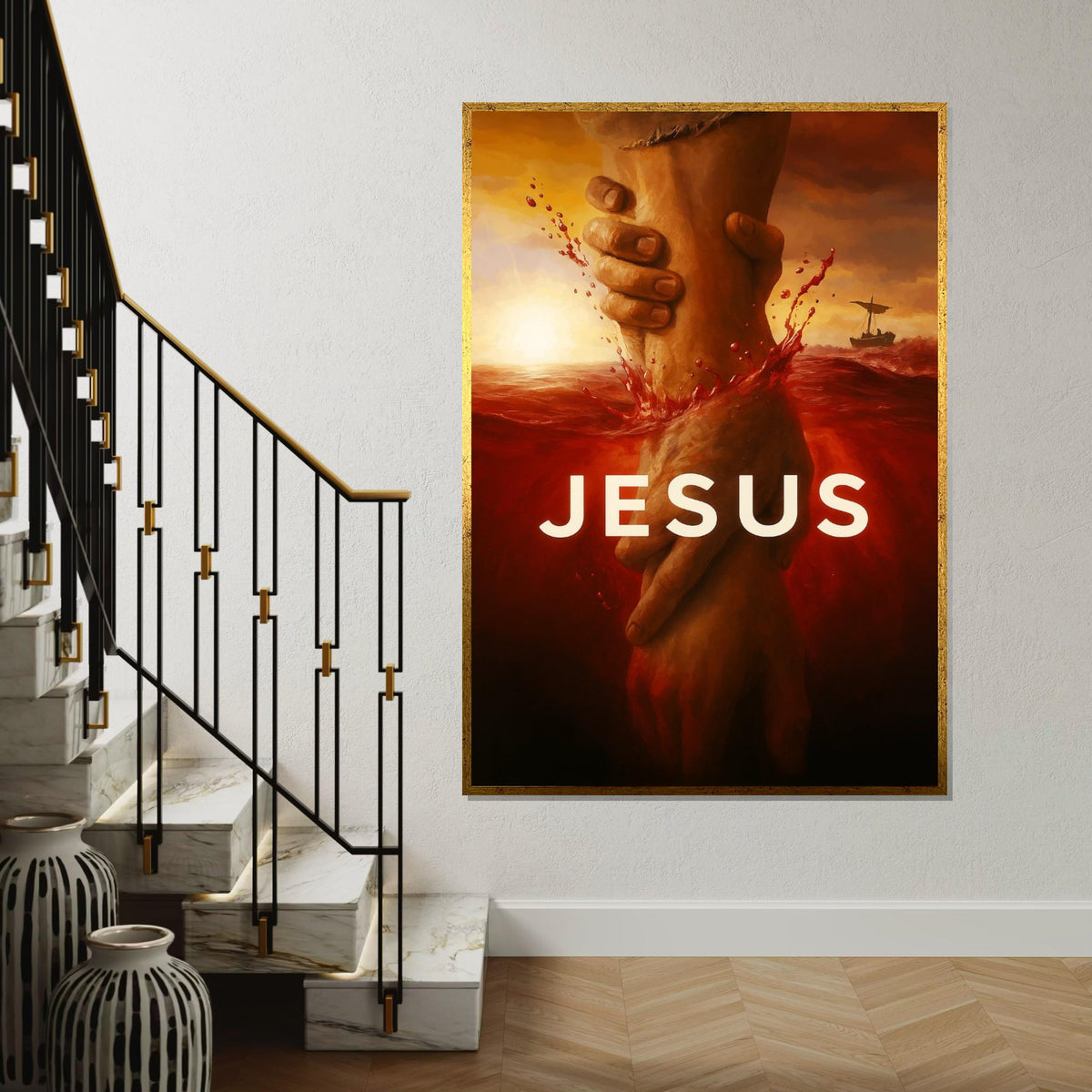 Jesus Savior Canvas, Religious Art, Hand of God, Red Sea Painting, Spiritual Wall Art Canvas Design, Ready To Hang Decoration