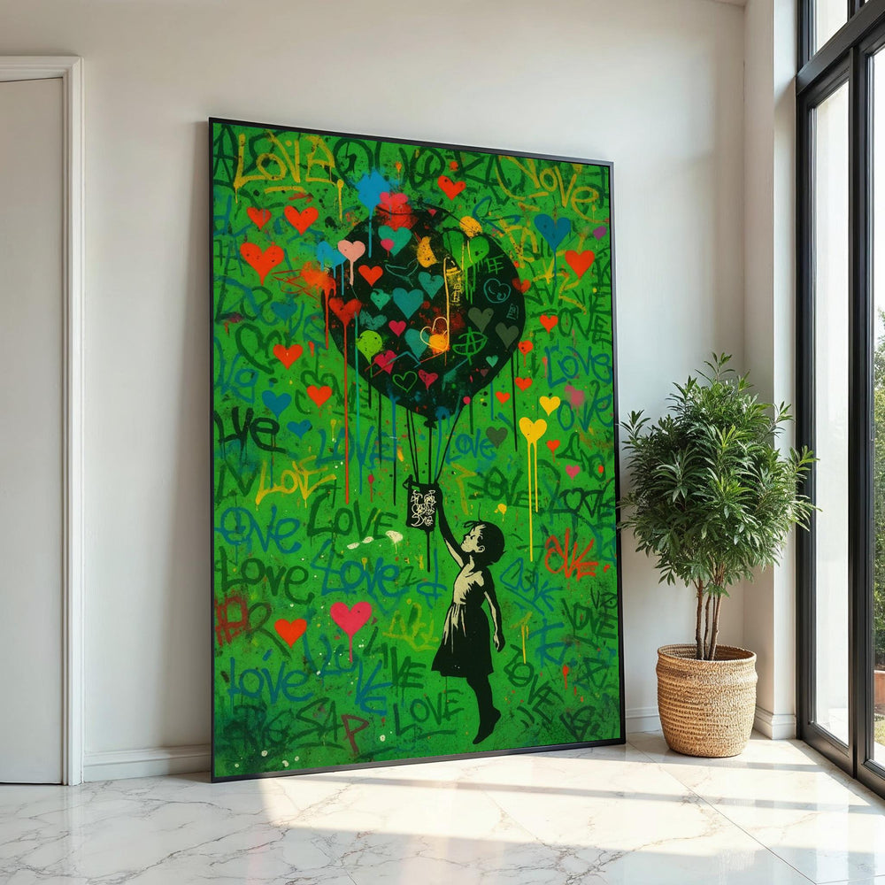 Child with Heart Balloon Canvas, Graffiti Style, Colorful Hearts, Inspirational Wall Art, Street Art Design, Ready to Hang Decoration
