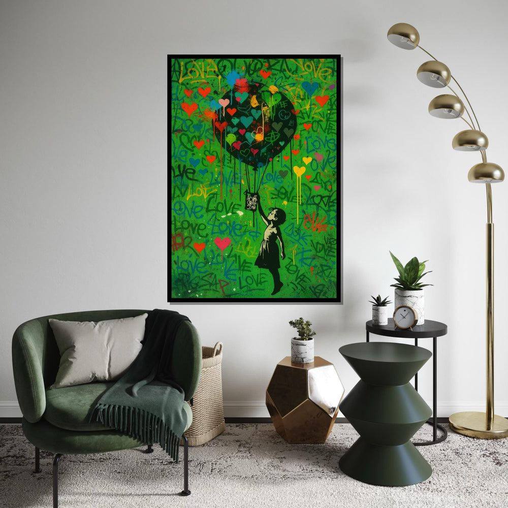 Child with Heart Balloon Canvas, Graffiti Style, Colorful Hearts, Inspirational Wall Art, Street Art Design, Ready to Hang Decoration