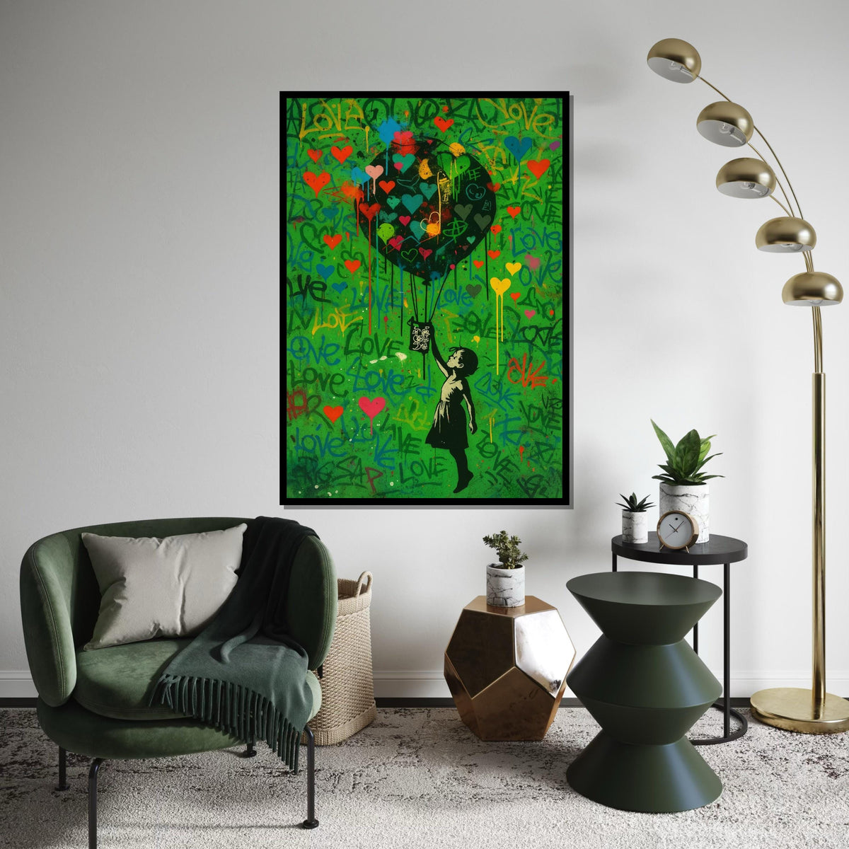 Child with Heart Balloon Canvas, Graffiti Style, Colorful Hearts, Inspirational Wall Art, Street Art Design, Ready to Hang Decoration