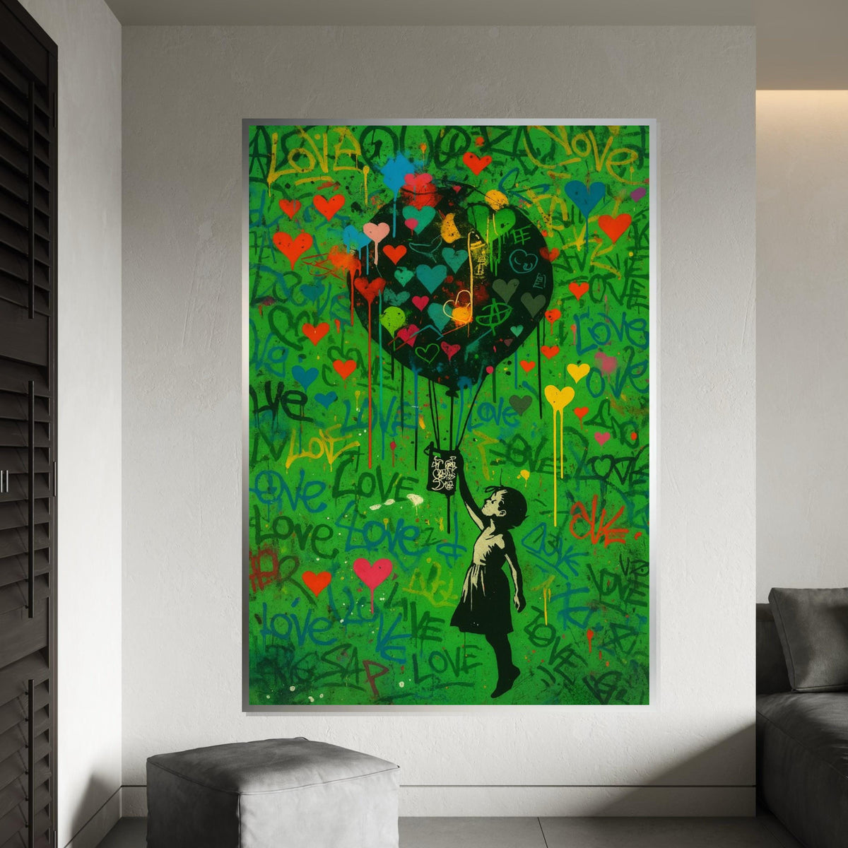 Child with Heart Balloon Canvas, Graffiti Style, Colorful Hearts, Inspirational Wall Art, Street Art Design, Ready to Hang Decoration