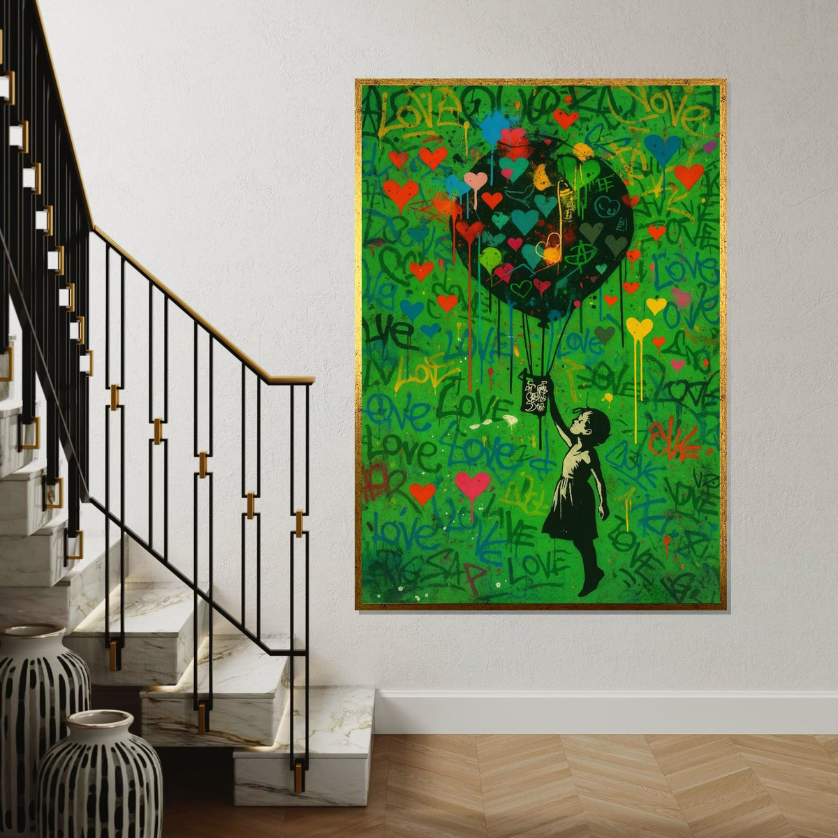 Child with Heart Balloon Canvas, Graffiti Style, Colorful Hearts, Inspirational Wall Art, Street Art Design, Ready to Hang Decoration
