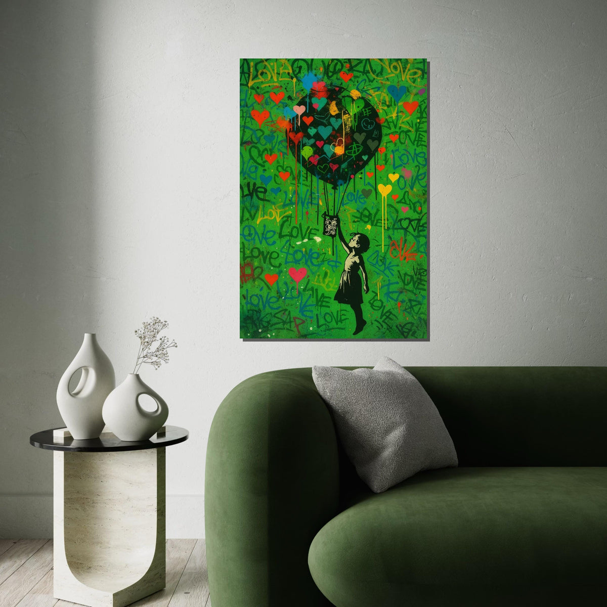Child with Heart Balloon Canvas, Graffiti Style, Colorful Hearts, Inspirational Wall Art, Street Art Design, Ready to Hang Decoration