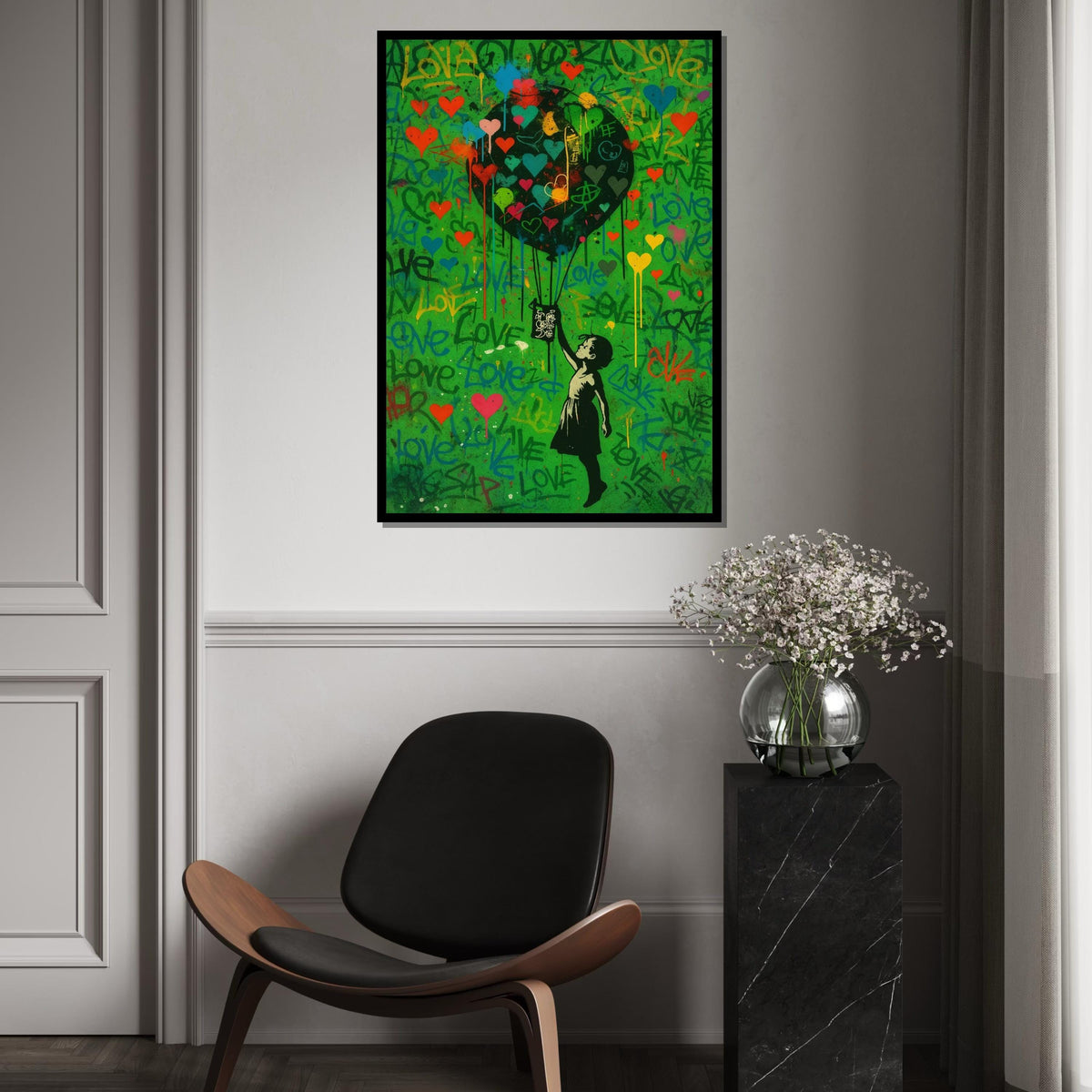 Child with Heart Balloon Canvas, Graffiti Style, Colorful Hearts, Inspirational Wall Art, Street Art Design, Ready to Hang Decoration