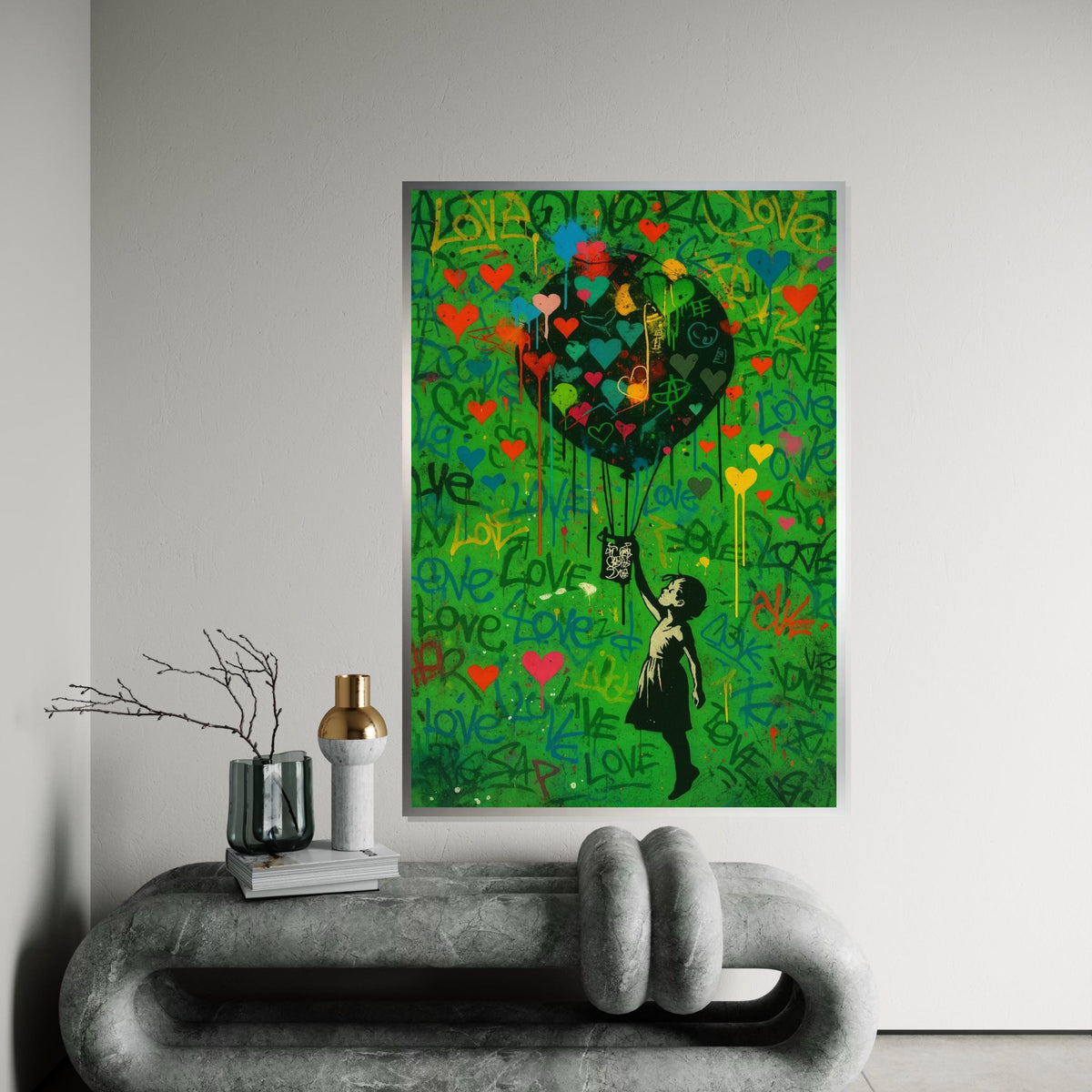 Child with Heart Balloon Canvas, Graffiti Style, Colorful Hearts, Inspirational Wall Art, Street Art Design, Ready to Hang Decoration