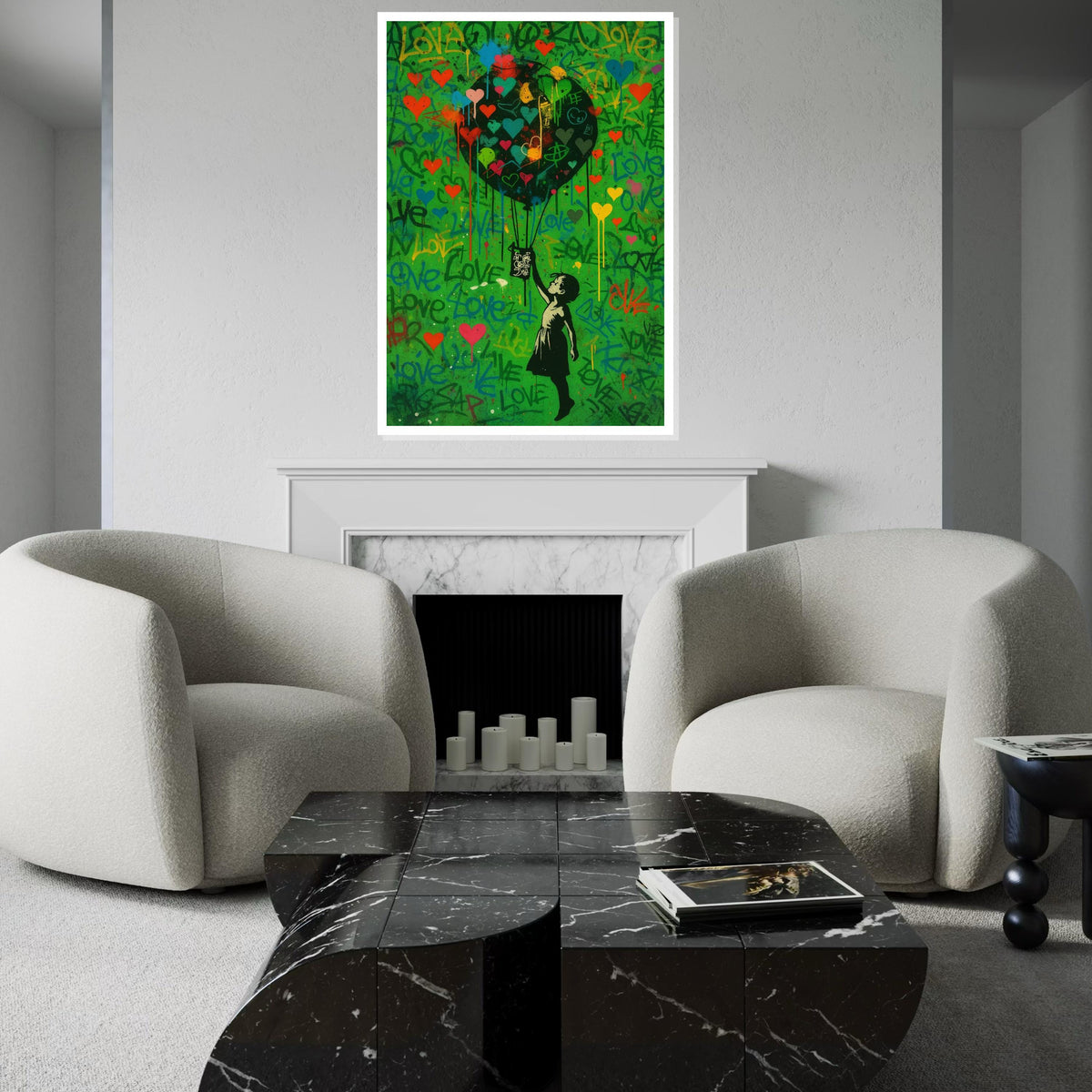 Child with Heart Balloon Canvas, Graffiti Style, Colorful Hearts, Inspirational Wall Art, Street Art Design, Ready to Hang Decoration