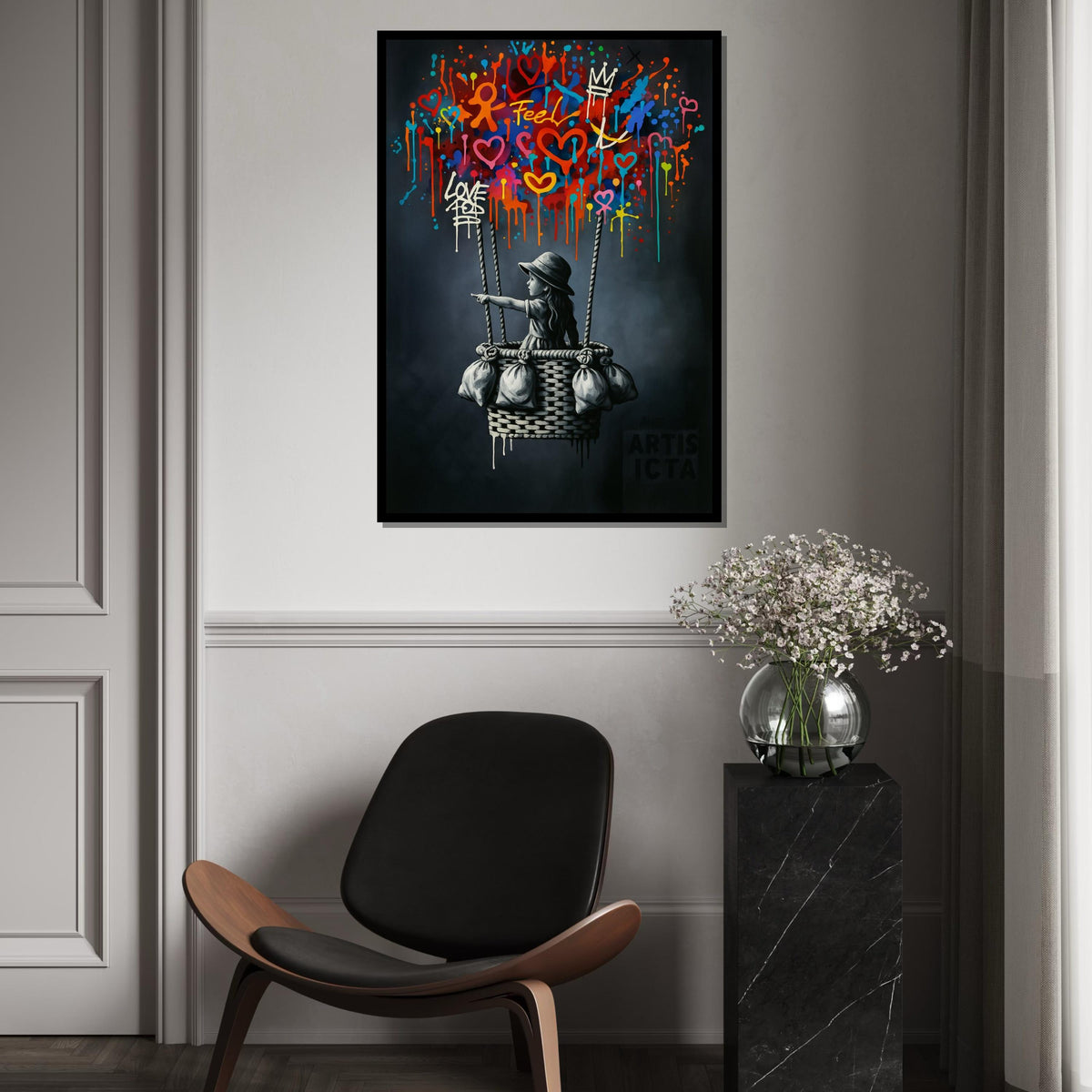 New Style,Colorful Graffiti Balloon Art,Girl in Basket Street Art Canvas, Urban Wall Art, Love and Hope Graffiti Print, Ready To Hang Canvas