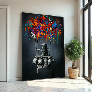 New Style,Colorful Graffiti Balloon Art,Girl in Basket Street Art Canvas, Urban Wall Art, Love and Hope Graffiti Print, Ready To Hang Canvas