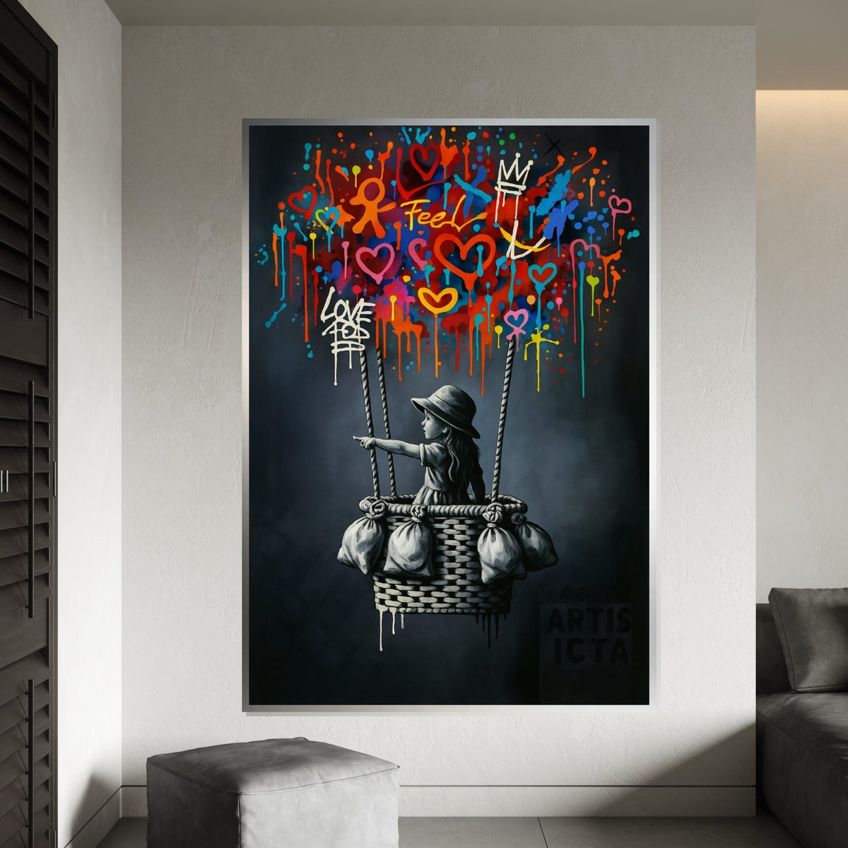 New Style,Colorful Graffiti Balloon Art,Girl in Basket Street Art Canvas, Urban Wall Art, Love and Hope Graffiti Print, Ready To Hang Canvas