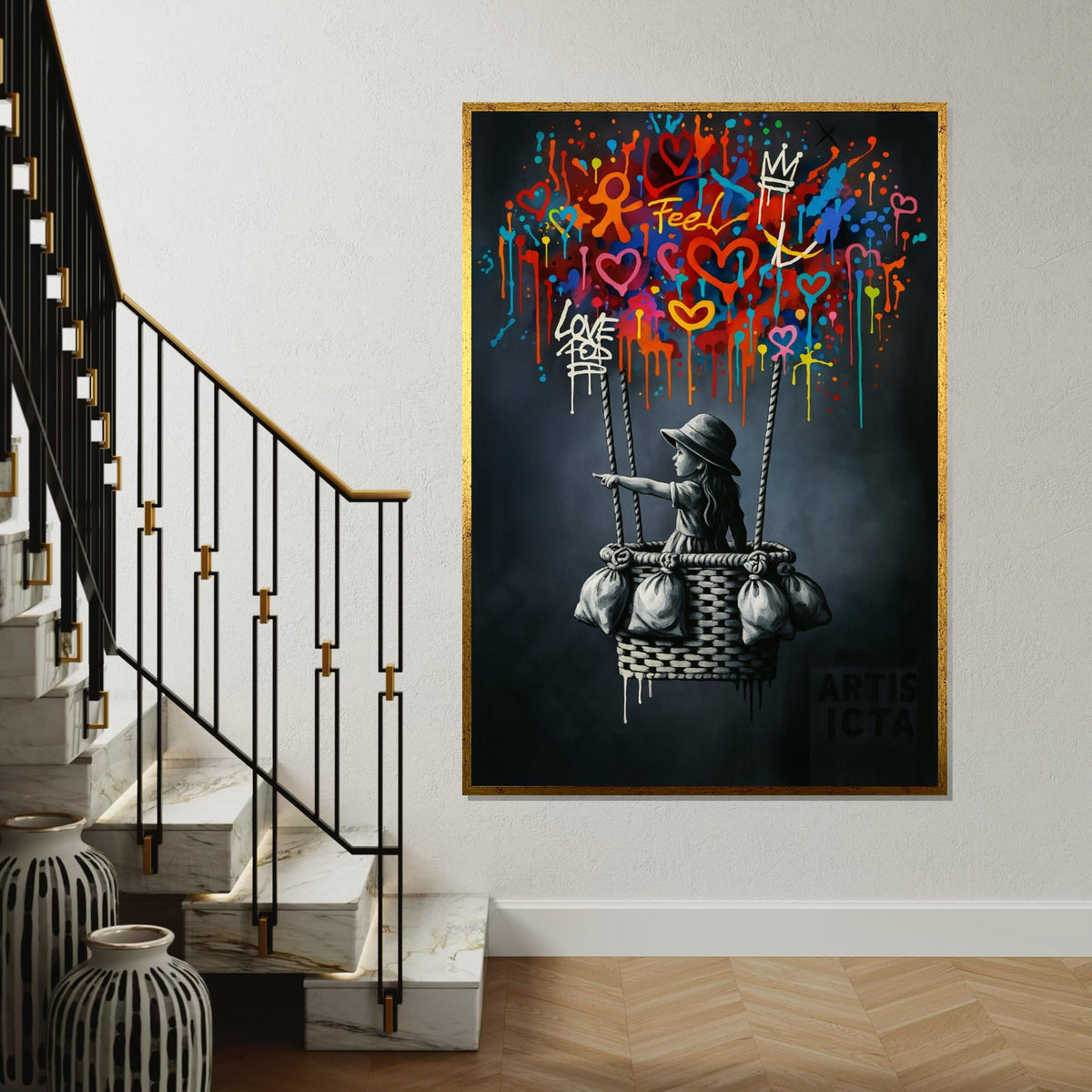 New Style,Colorful Graffiti Balloon Art,Girl in Basket Street Art Canvas, Urban Wall Art, Love and Hope Graffiti Print, Ready To Hang Canvas
