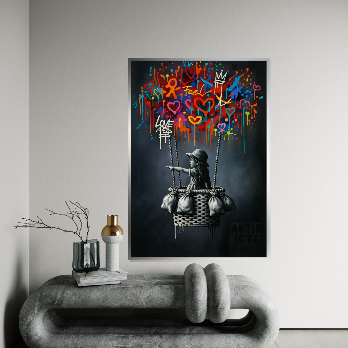 New Style,Colorful Graffiti Balloon Art,Girl in Basket Street Art Canvas, Urban Wall Art, Love and Hope Graffiti Print, Ready To Hang Canvas