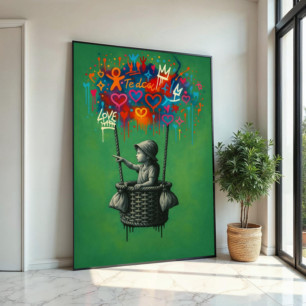 New Style,Colorful Graffiti Balloon Art,Girl in Basket Street Art Canvas, Urban Wall Art, Love and Hope Graffiti Print, Ready To Hang Canvas