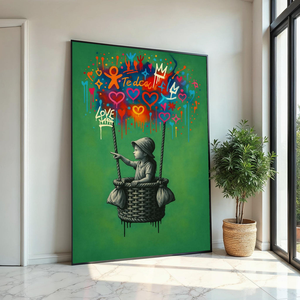 New Style,Colorful Graffiti Balloon Art,Girl in Basket Street Art Canvas, Urban Wall Art, Love and Hope Graffiti Print, Ready To Hang Canvas