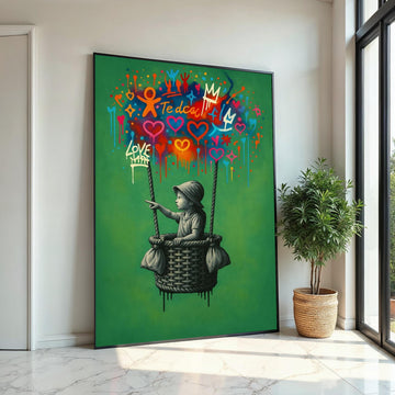 New Style,Colorful Graffiti Balloon Art,Girl in Basket Street Art Canvas, Urban Wall Art, Love and Hope Graffiti Print, Ready To Hang Canvas