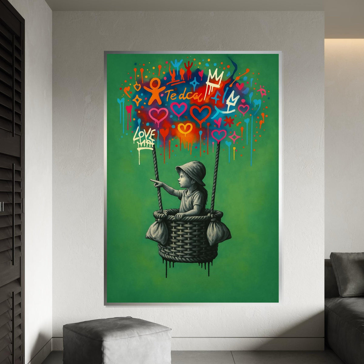 New Style,Colorful Graffiti Balloon Art,Girl in Basket Street Art Canvas, Urban Wall Art, Love and Hope Graffiti Print, Ready To Hang Canvas