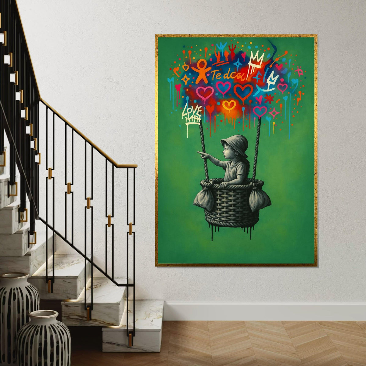 New Style,Colorful Graffiti Balloon Art,Girl in Basket Street Art Canvas, Urban Wall Art, Love and Hope Graffiti Print, Ready To Hang Canvas