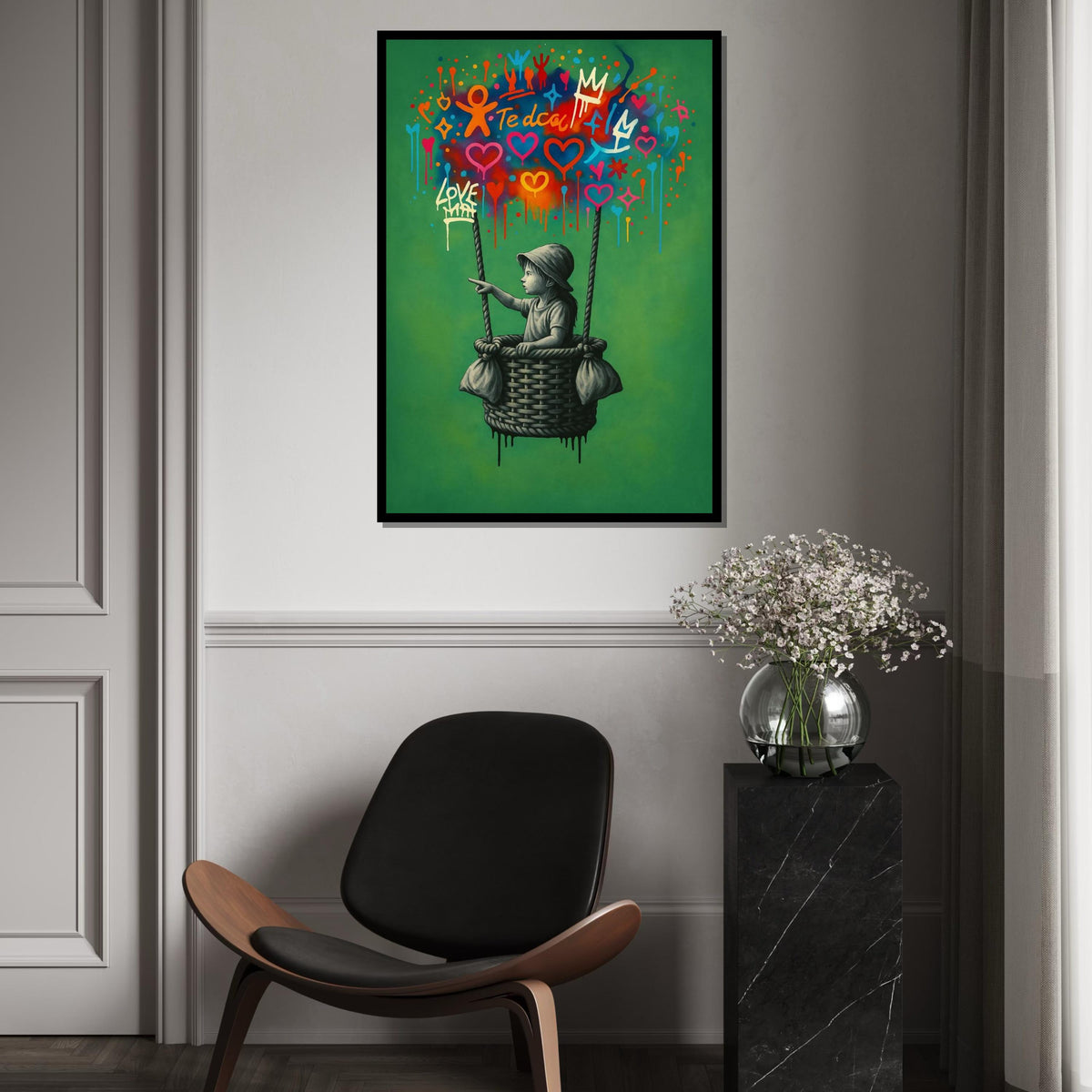 New Style,Colorful Graffiti Balloon Art,Girl in Basket Street Art Canvas, Urban Wall Art, Love and Hope Graffiti Print, Ready To Hang Canvas