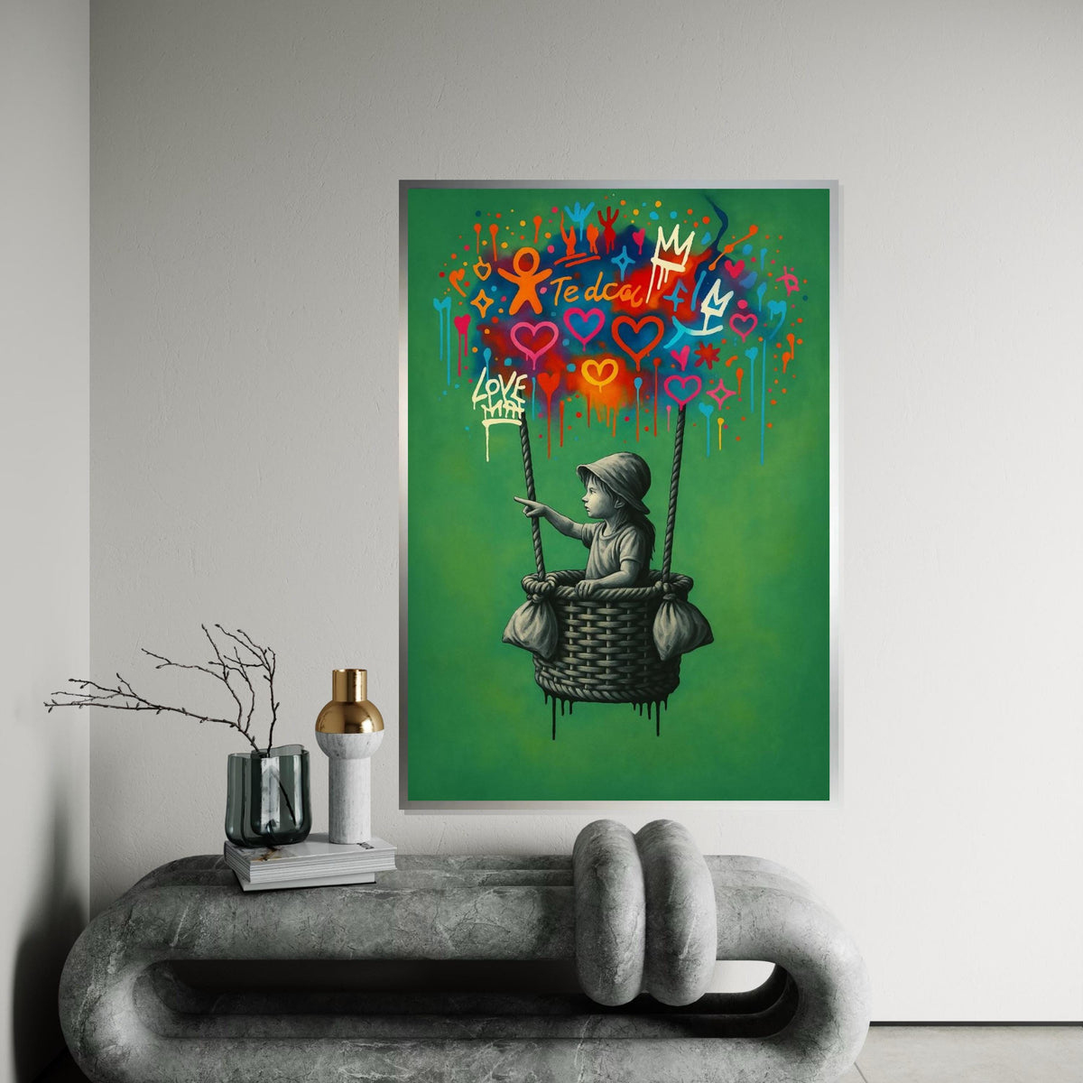 New Style,Colorful Graffiti Balloon Art,Girl in Basket Street Art Canvas, Urban Wall Art, Love and Hope Graffiti Print, Ready To Hang Canvas