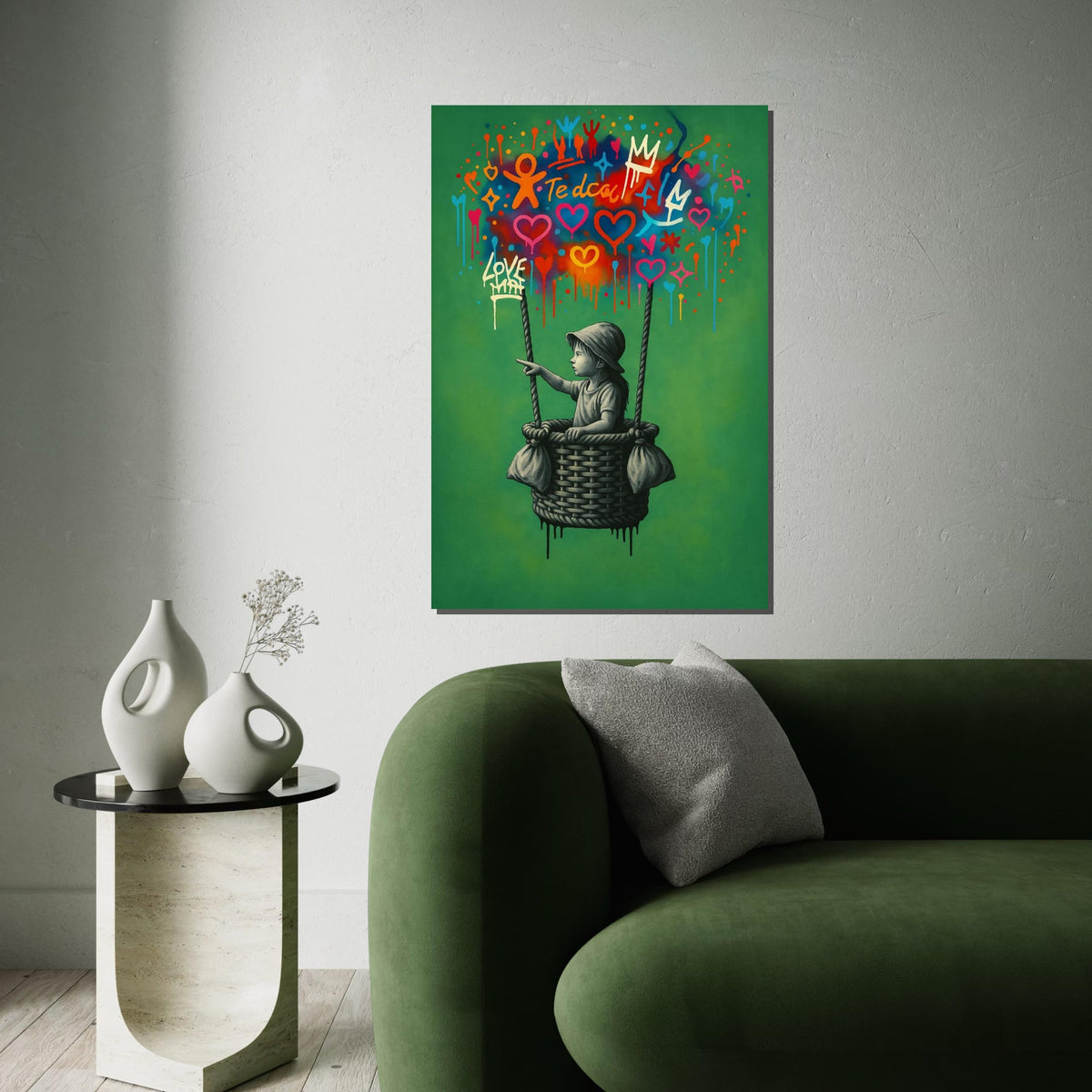 New Style,Colorful Graffiti Balloon Art,Girl in Basket Street Art Canvas, Urban Wall Art, Love and Hope Graffiti Print, Ready To Hang Canvas