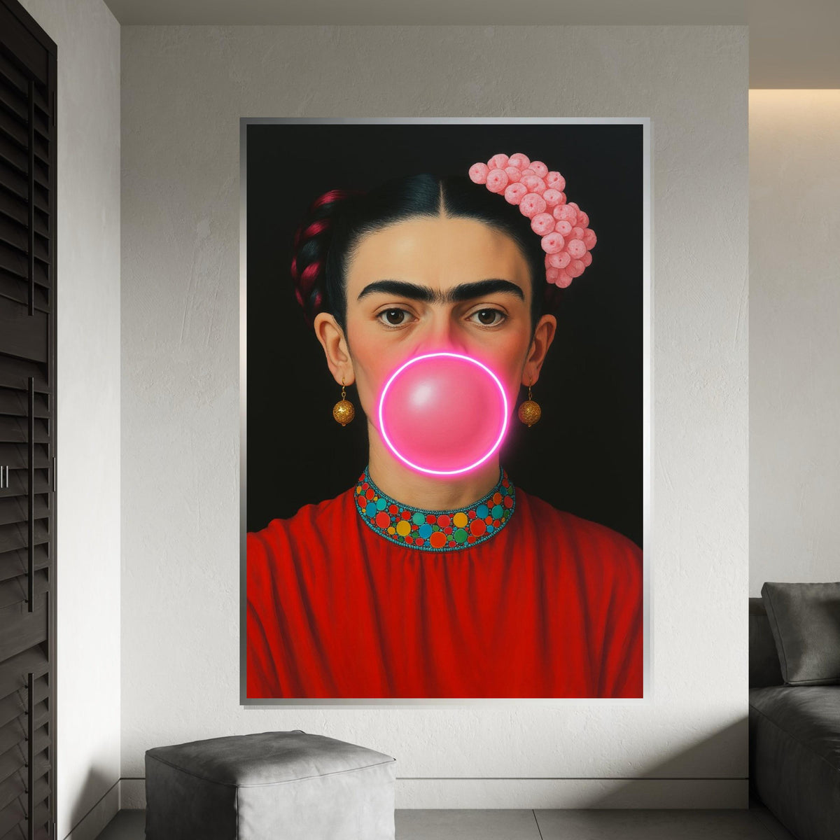 Frida Bubble Gum Canvas, Pop Art Frida Wall Art, Modern Feminist Wall Decor, Neon Bubblegum Portrait, Ready To Hang Canvas, Print Canvas