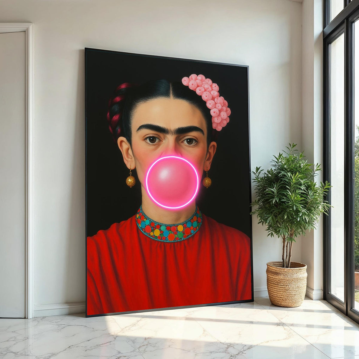 Frida Bubble Gum Canvas, Pop Art Frida Wall Art, Modern Feminist Wall Decor, Neon Bubblegum Portrait, Ready To Hang Canvas, Print Canvas