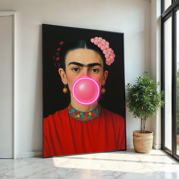 Frida Bubble Gum Canvas, Pop Art Frida Wall Art, Modern Feminist Wall Decor, Neon Bubblegum Portrait, Ready To Hang Canvas, Print Canvas